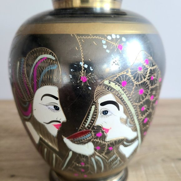 Indian brass etched and enamel vase with man and woman image and floral design. - Picture 2 of 8